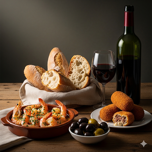 Authentic tapas board with cheese, bread and wine